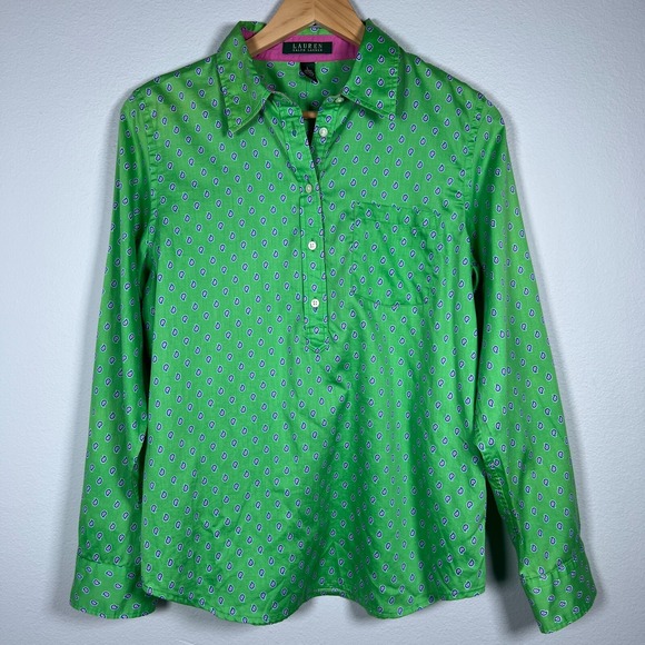 Vintage Lauren Ralph Lauren Womens Preppy Popover Shirt Size L Roll Tab Classic - Picture 1 of 14